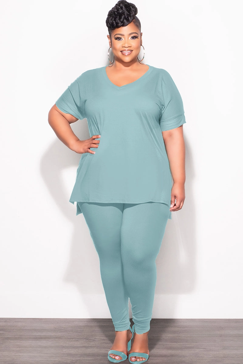 Final Sale Plus Size 2pc V-Neck Tunic Top and Matching Legging Set in Blue Grey Comfy Essentials Wear