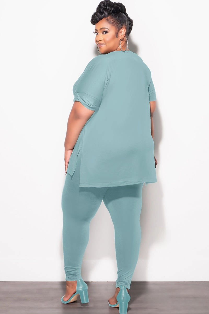 Final Sale Plus Size 2pc V-Neck Tunic Top and Matching Legging Set in Blue Grey Distressed finish Hip Friendly Pockets