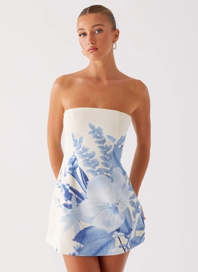 Denby Strapless Mini Dress - Blue Floral Print All Fit Style