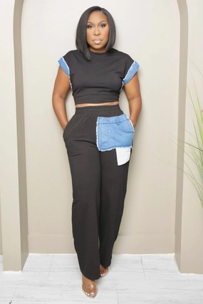 Tear Resistant Design Slim Wear Design Tanise Denim Contrast Two-Piece Set