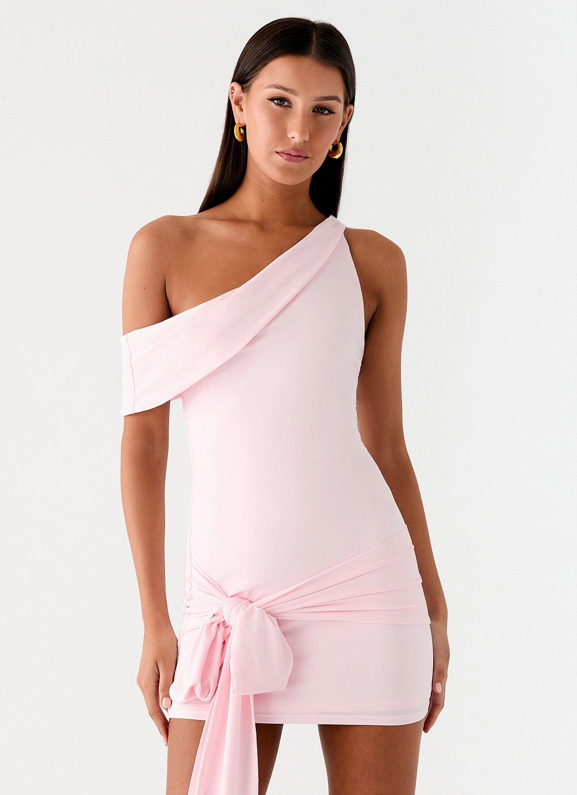 All Day Mini Dress - Baby Pink Vibrant pattern Side Ruching