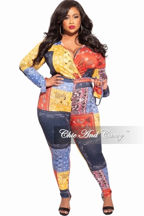 Final Sale Plus Size 2-Piece Collared Faux Wrap Bodysuit and Pants Set in Bandana Print Slim Stretch
