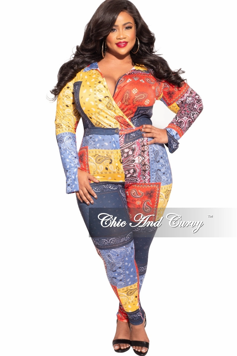 Recycled Polyester Blend Final Sale Plus Size 2-Piece Collared Faux Wrap Bodysuit and Pants Set in Bandana Print