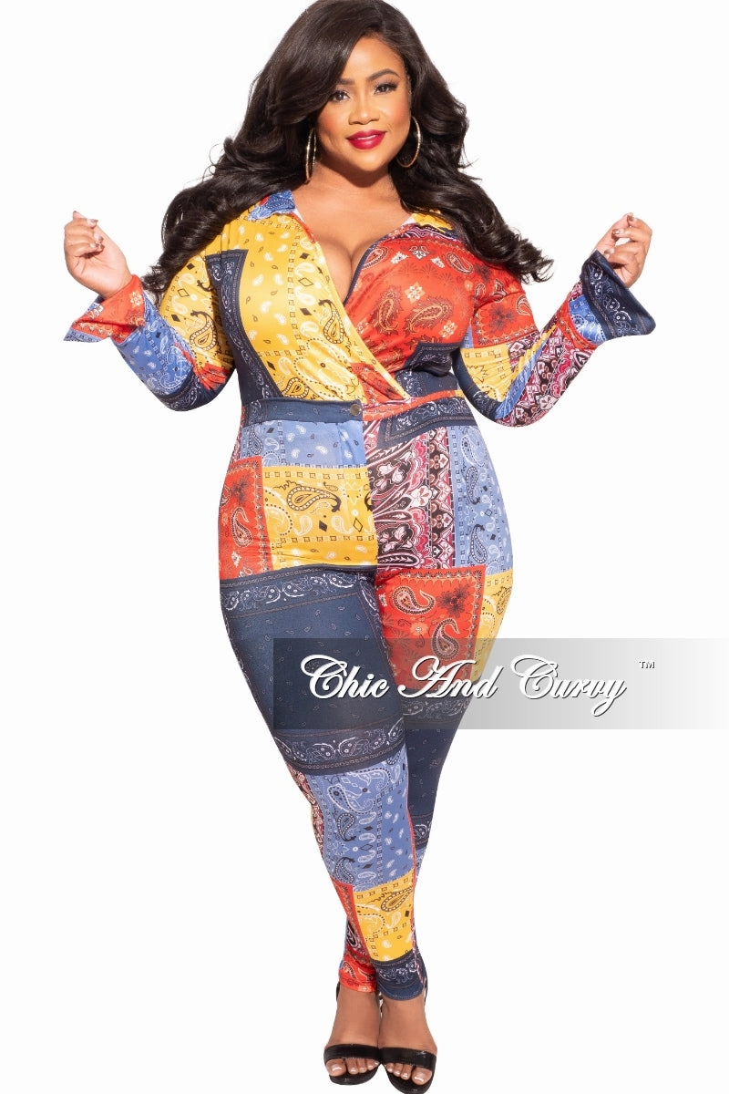 Performance Ready Trendy Layering Final Sale Plus Size 2-Piece Collared Faux Wrap Bodysuit and Pants Set in Bandana Print