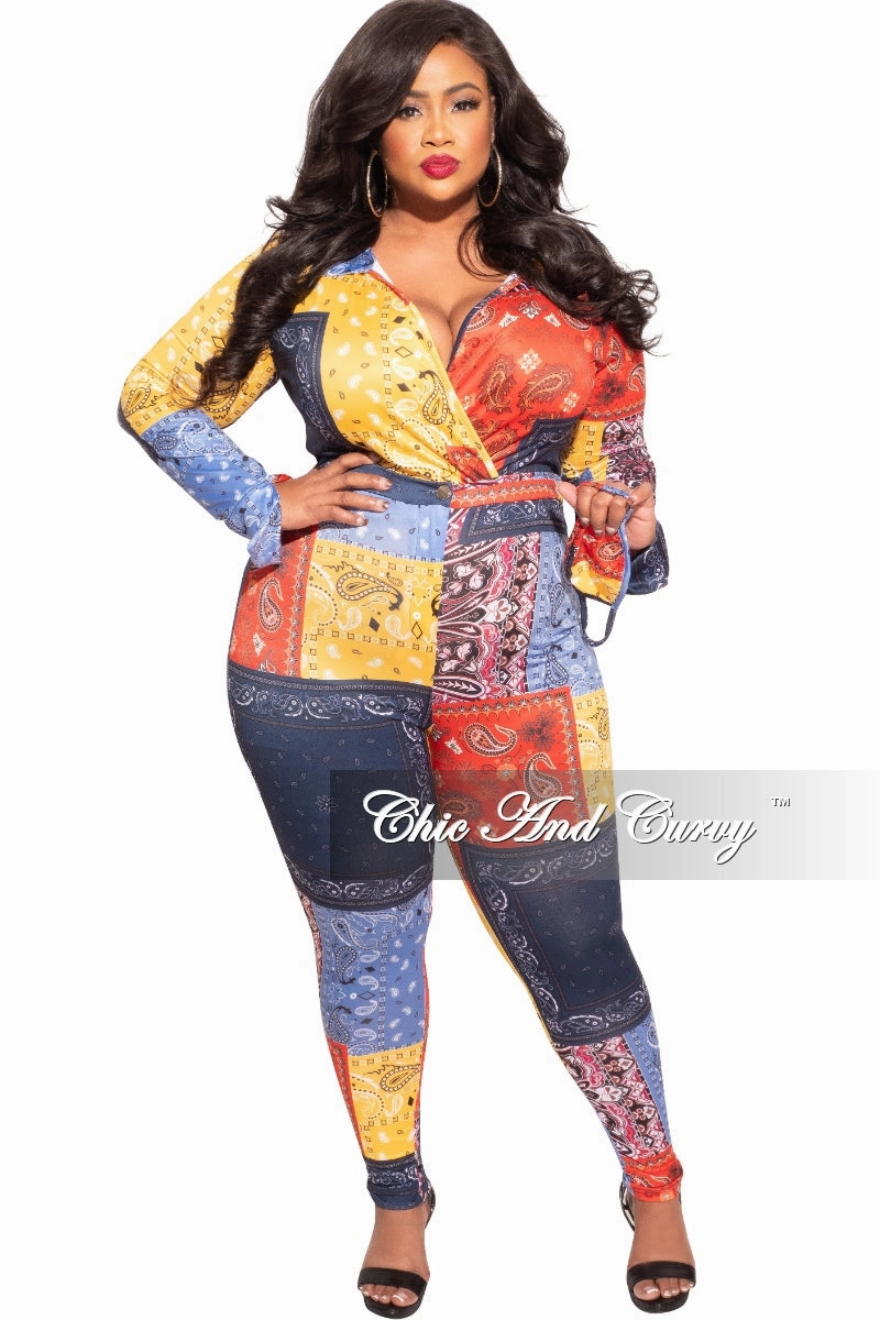 Final Sale Plus Size 2-Piece Collared Faux Wrap Bodysuit and Pants Set in Bandana Print Slim Stretch