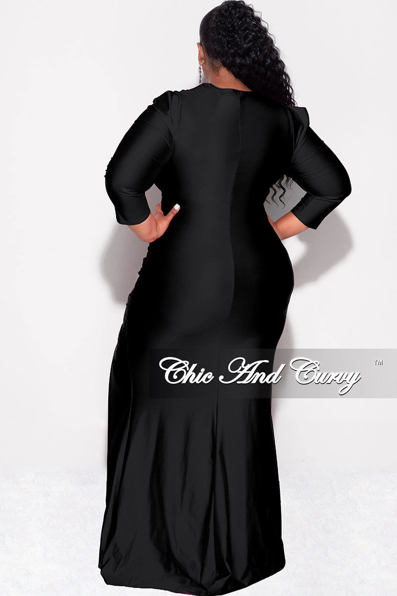 Final Sale Plus Size Shiny Faux Wrap Gown with Slit in Black Printed top