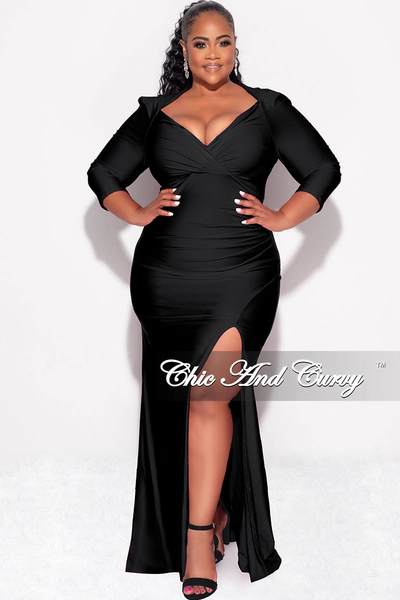 Final Sale Plus Size Shiny Faux Wrap Gown with Slit in Black Office Look