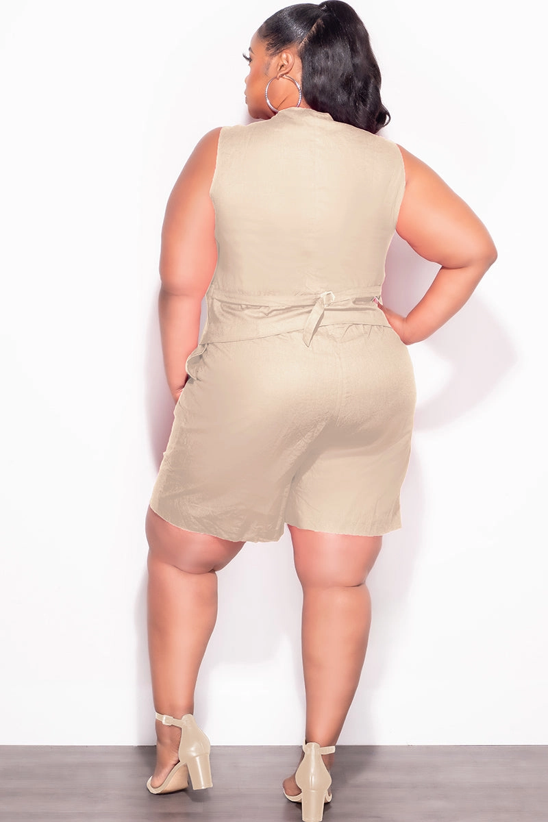 Seamless Waistband Final Sale Plus Size 2pc Sleeveless Linen Blazer Vest Short Set in Khaki