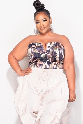 Performance Comfort Final Sale Plus Size Satin Strapless Corset Thong Bodysuit in Camouflage Print