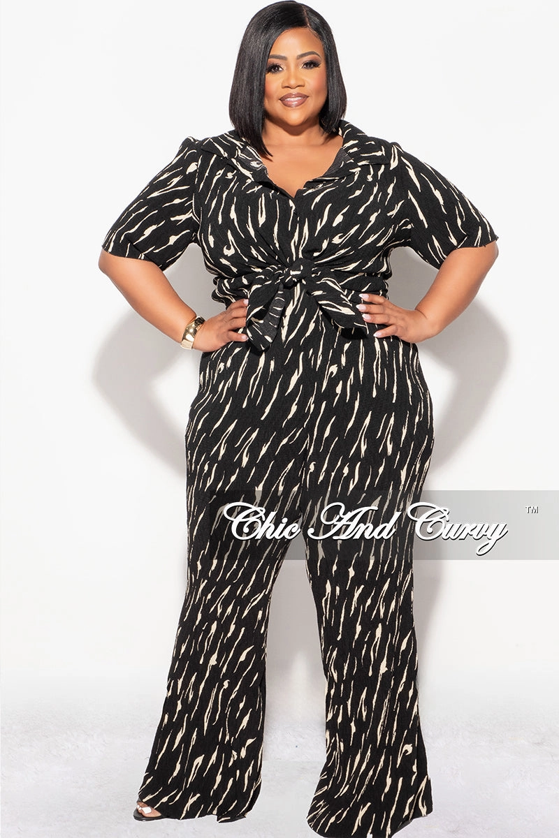 Sport Ready Fit Stretch waistband Final Sale Plus Size 2pc Button Up Collar Top and Pants Set in Black and Tan