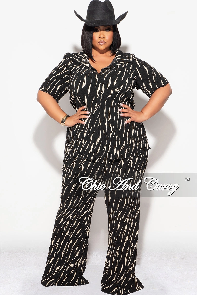 Final Sale Plus Size 2pc Button Up Collar Top and Pants Set in Black and Tan Flat Lock Seams