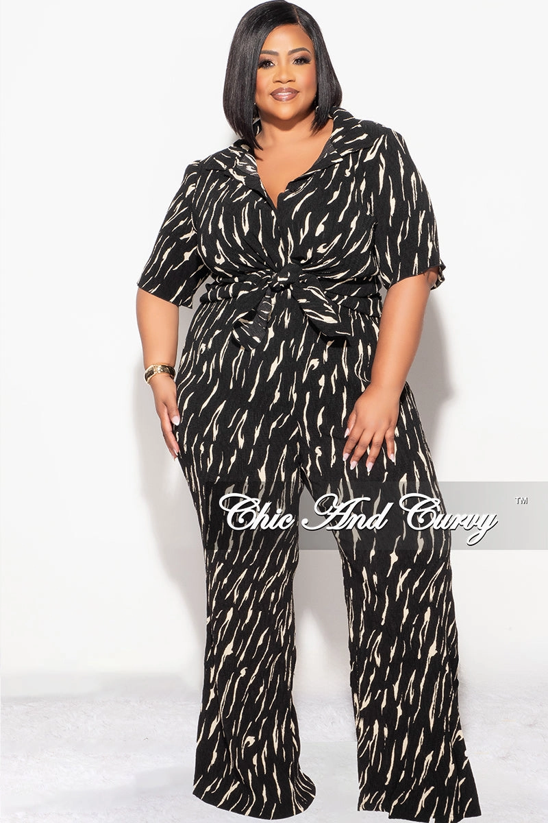 All terrain Urban Edge Final Sale Plus Size 2pc Button Up Collar Top and Pants Set in Black and Tan