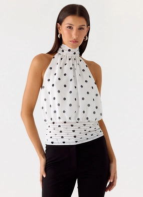 Flexible Neckline HighNeck Willow Chiffon Top - White Polkadot