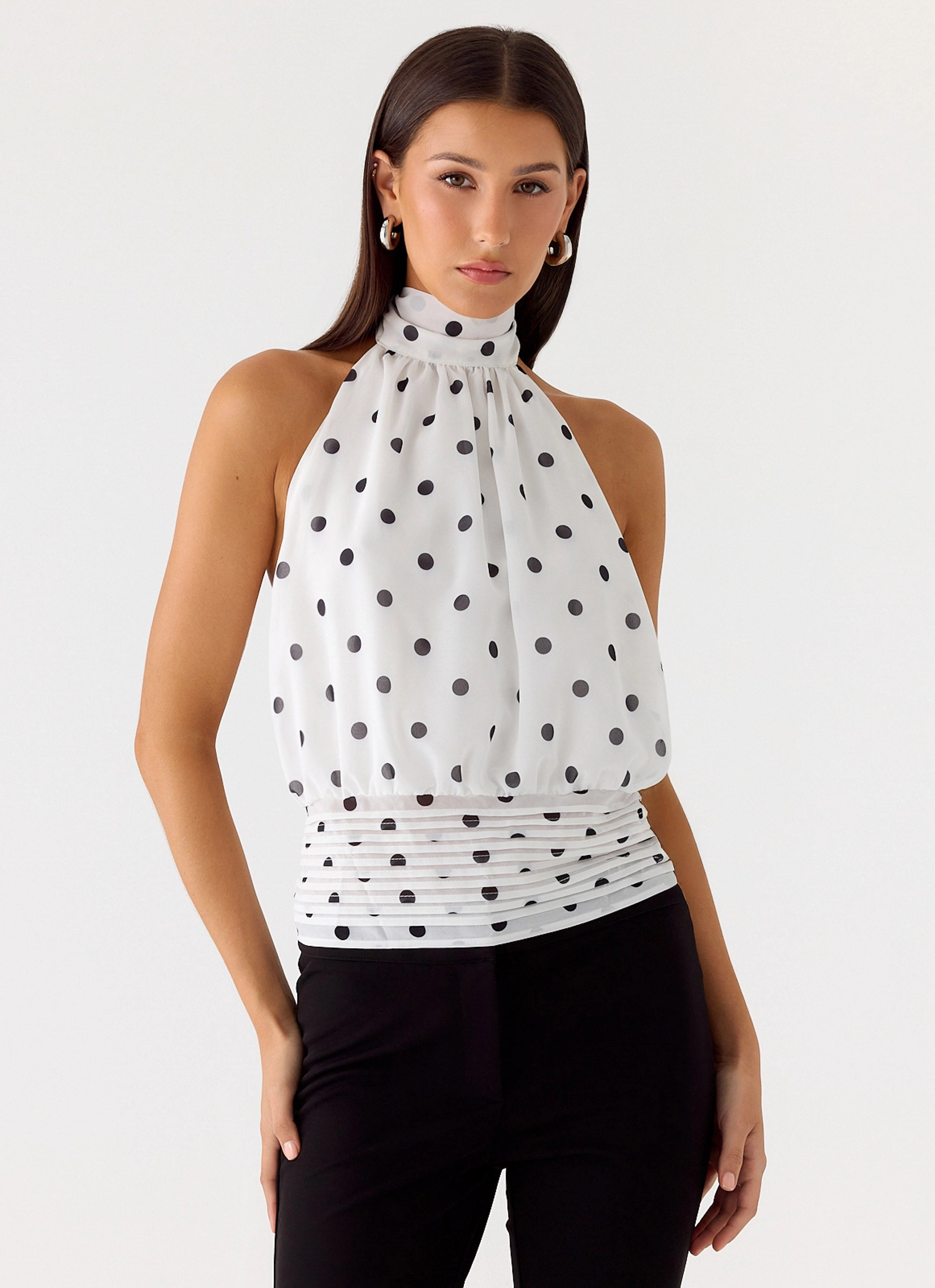 Flexible Neckline HighNeck Willow Chiffon Top - White Polkadot