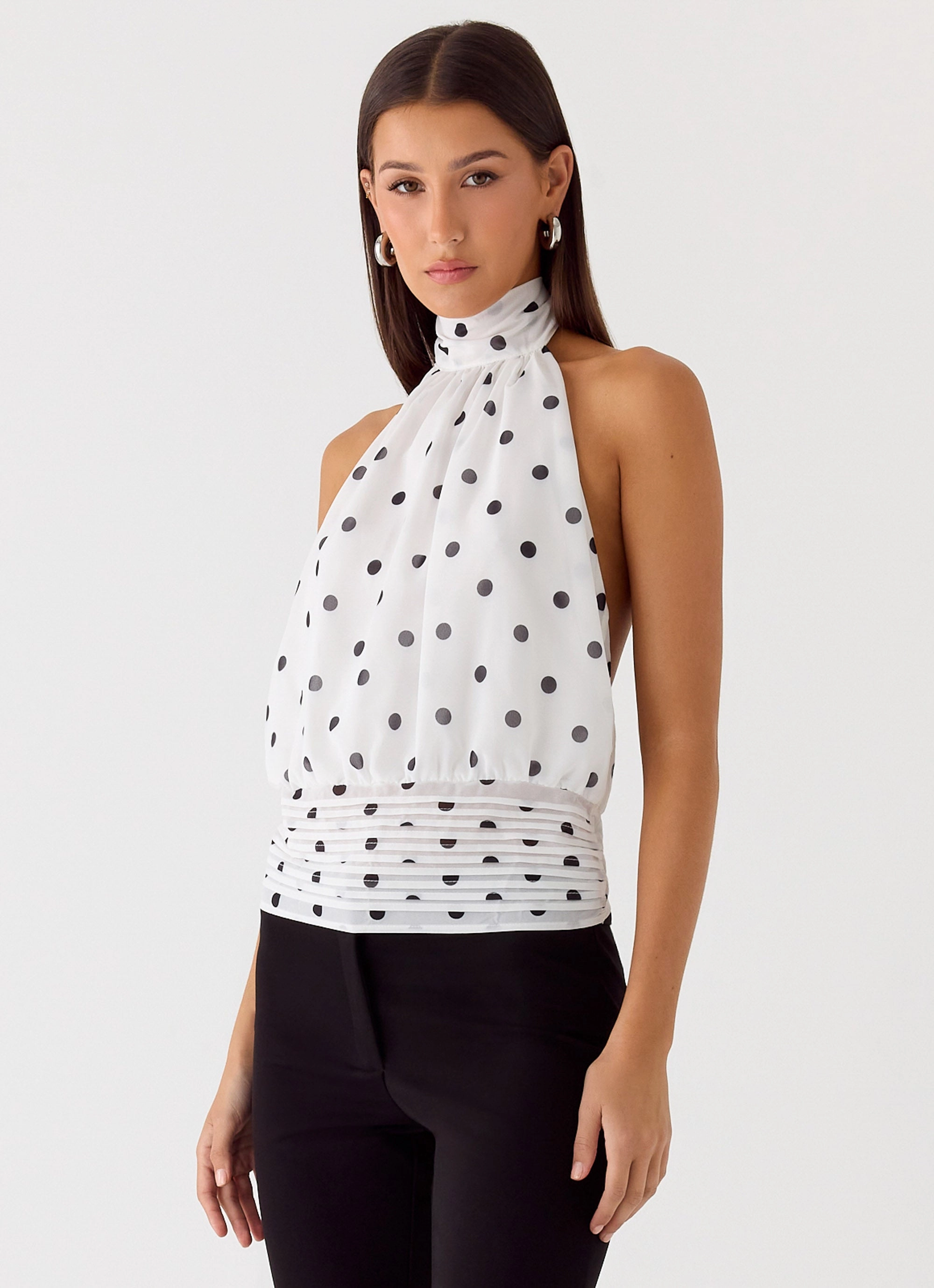 Classic Crew Neck Breathable Mesh Back Willow Chiffon Top - White Polkadot