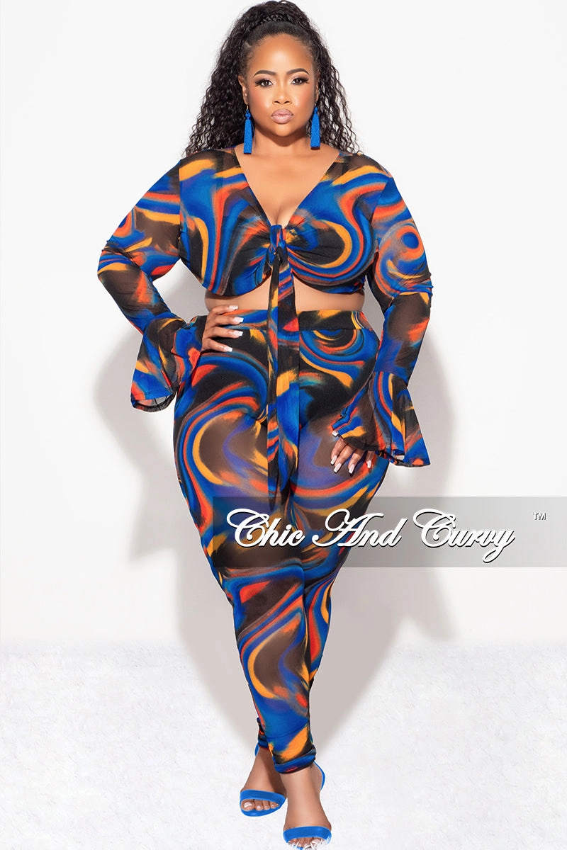 Final Sale Plus Size Sheer Bell Sleeve Tie Top and High Waist Pants Set in Royal Blue Multi Color Print Fall Classic Cut