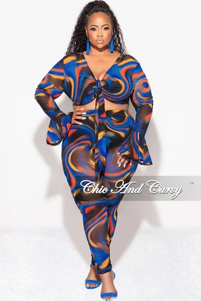Final Sale Plus Size Sheer Bell Sleeve Tie Top and High Waist Pants Set in Royal Blue Multi Color Print Fall Classic Cut