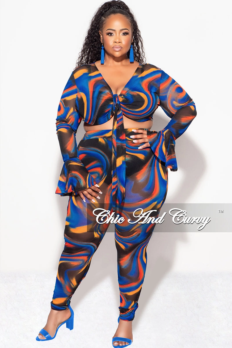 Tangle Free Cuffs Sleek lines Final Sale Plus Size Sheer Bell Sleeve Tie Top and High Waist Pants Set in Royal Blue Multi Color Print Fall