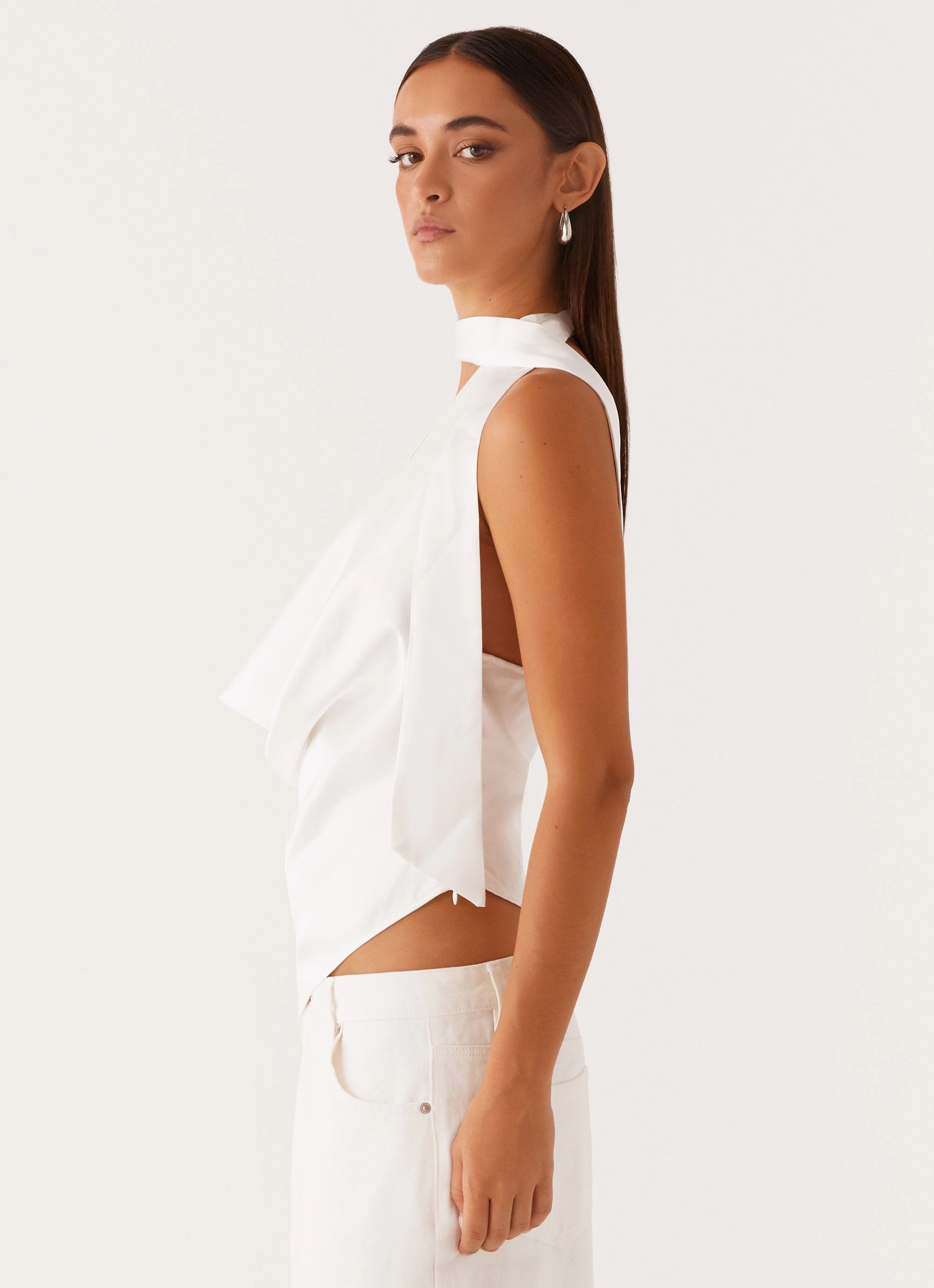 Nina Halterneck Scarf Top - White Odor Resistant Fabric Noise Reduced Zipper