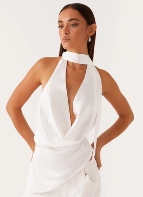Nina Halterneck Scarf Top - White Layered Collar Structure AntiStaticFabric
