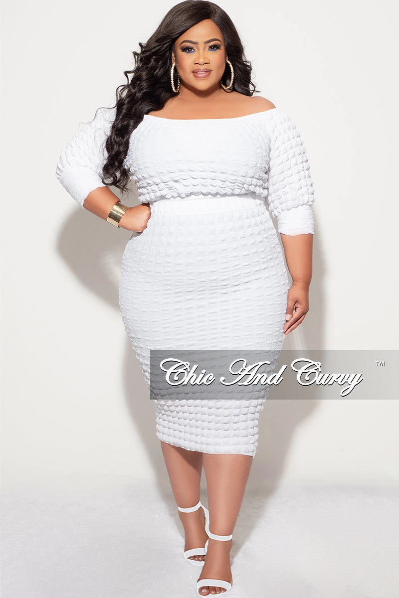 Final Sale Plus Size Bubble Texture 2pc Set Off the Shoulder Crop Top and High Waist Skirt in White Casual Comfort Layers Stay Comfortable