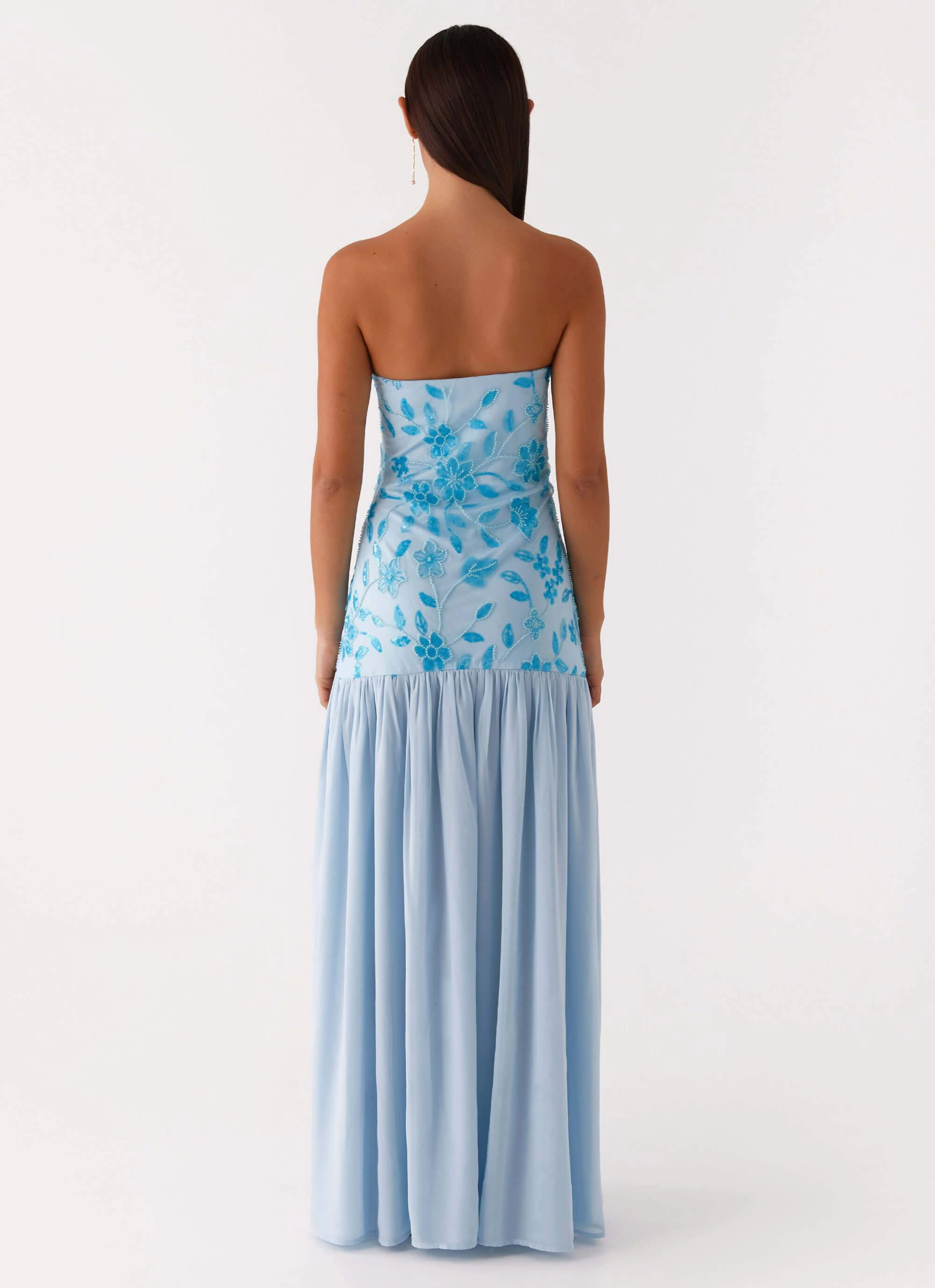 Trendy Cut Office Tone Eden Strapless Beaded Maxi Dress - Blue
