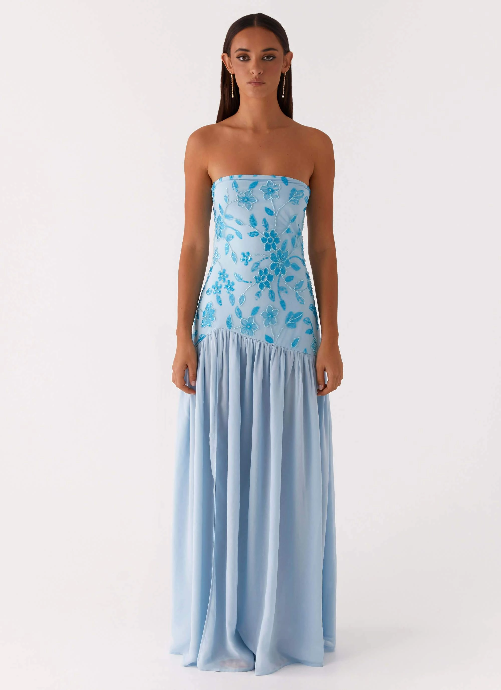 Eden Strapless Beaded Maxi Dress - Blue Lounge Vibe Relaxed Fit