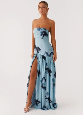 Eden Strapless Maxi Dress - Blue Black Floral Spring Flow