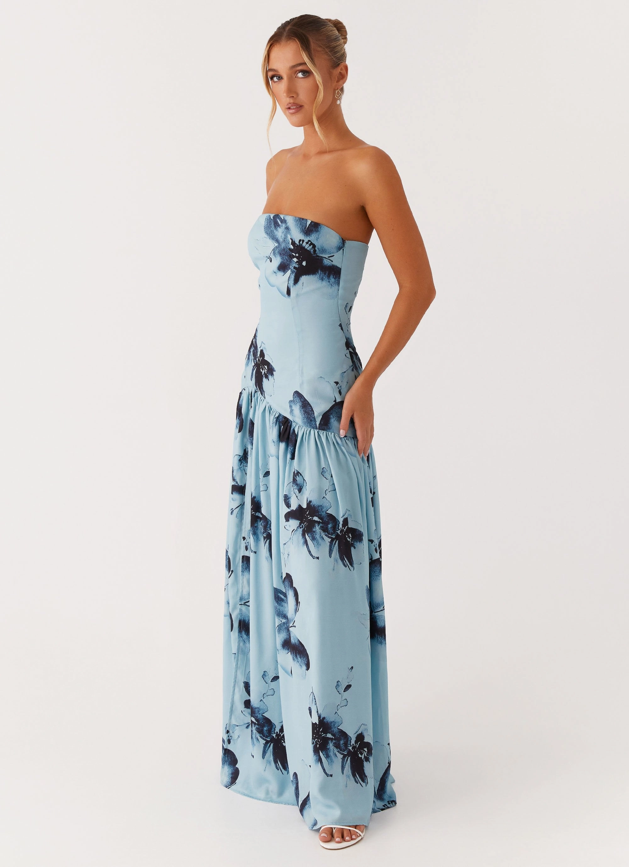 Eden Strapless Maxi Dress - Blue Black Floral Comfort Layer Wear
