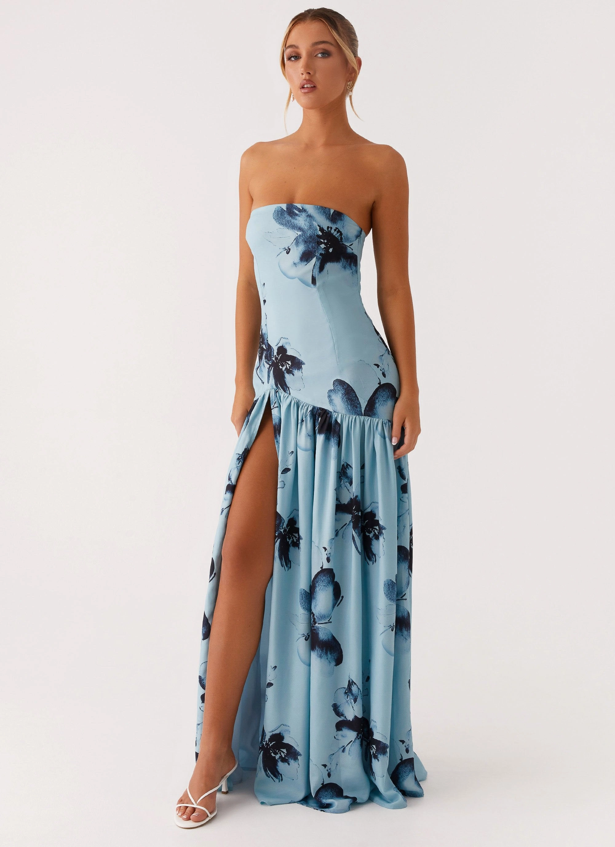Eden Strapless Maxi Dress - Blue Black Floral Spring Flow
