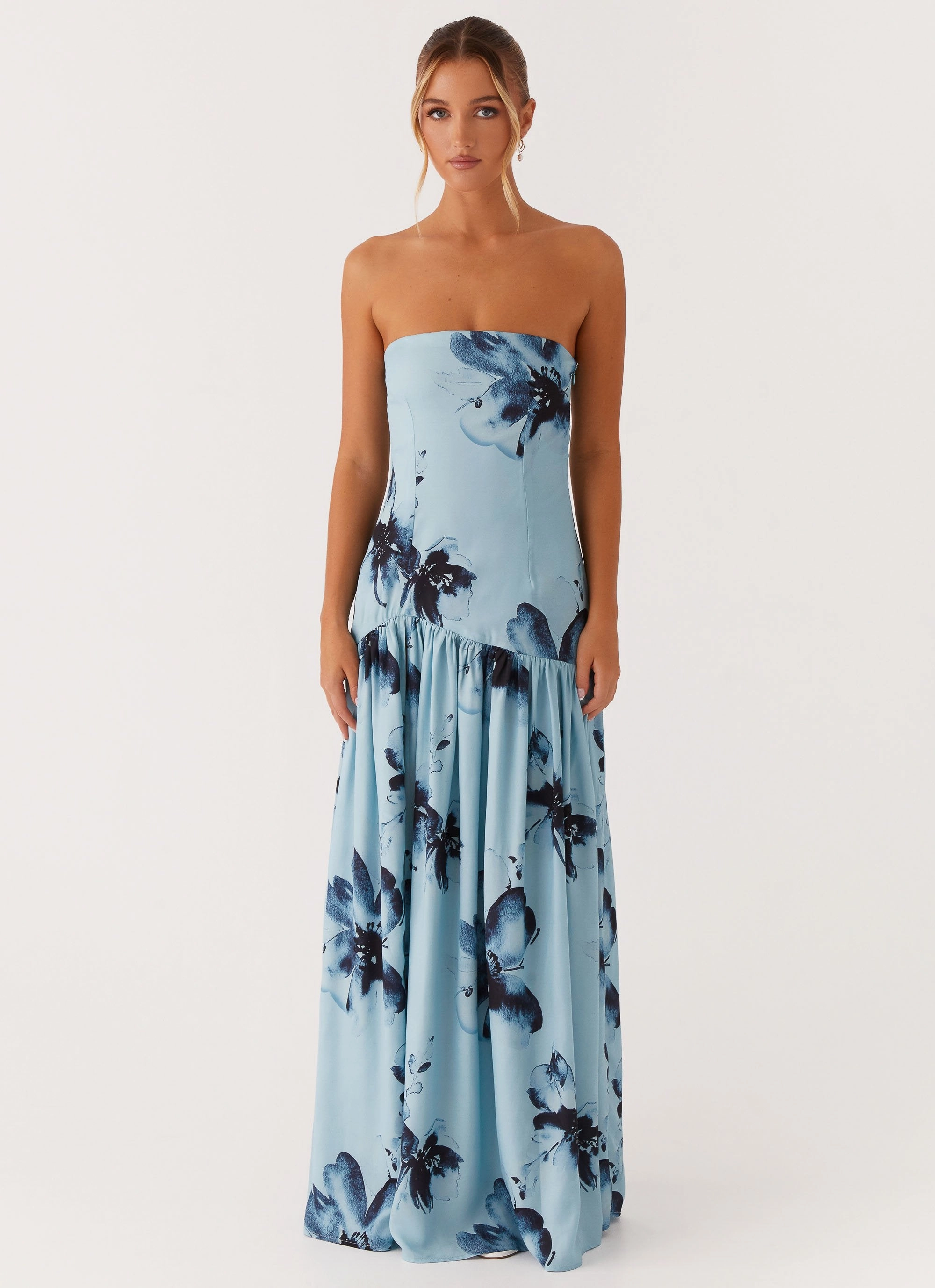 Versatile Cut AntiFrayEdging Eden Strapless Maxi Dress - Blue Black Floral
