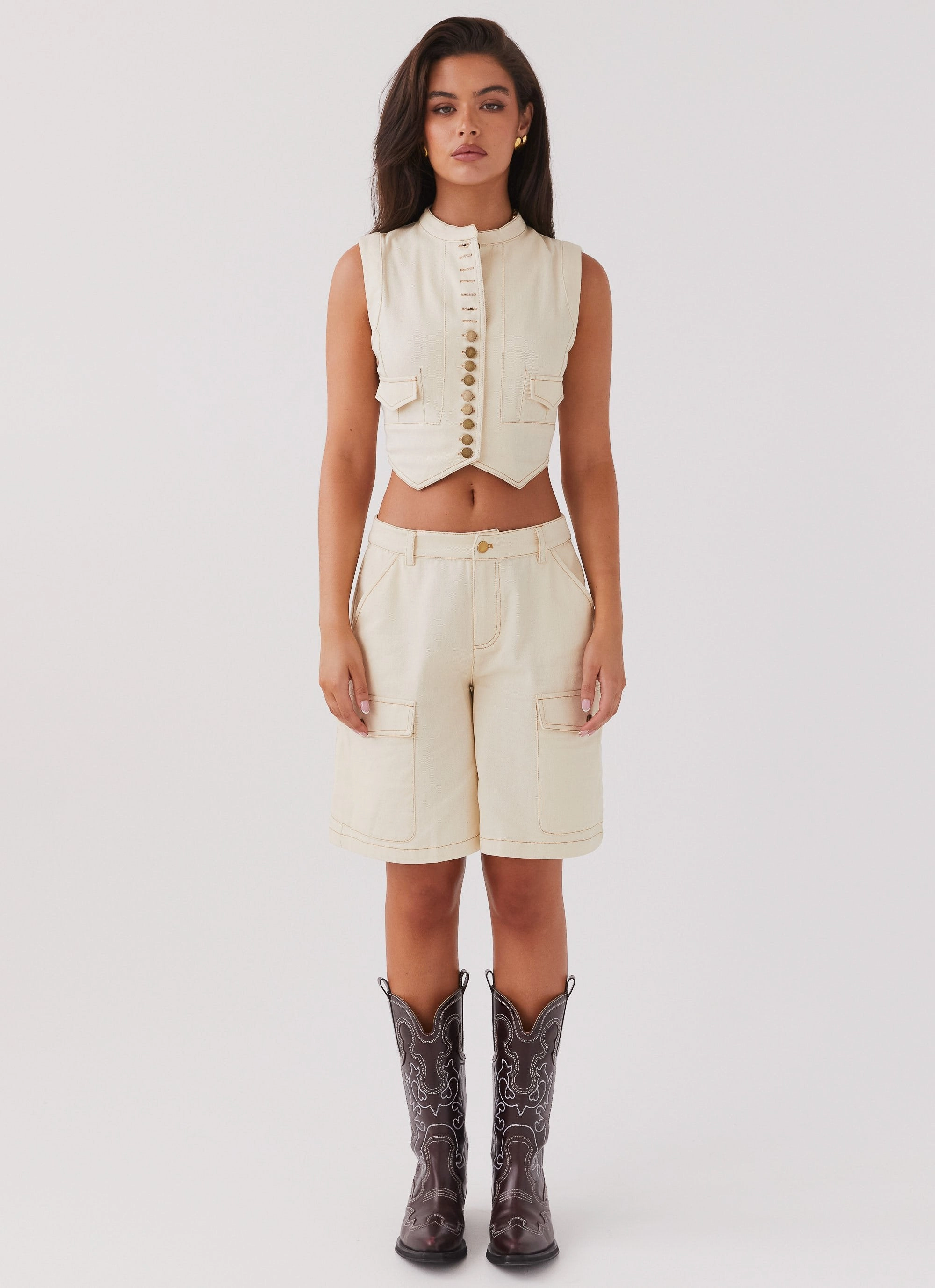 Edina Cargo Top - Antique MicroPerforated Details Interlock Stitching