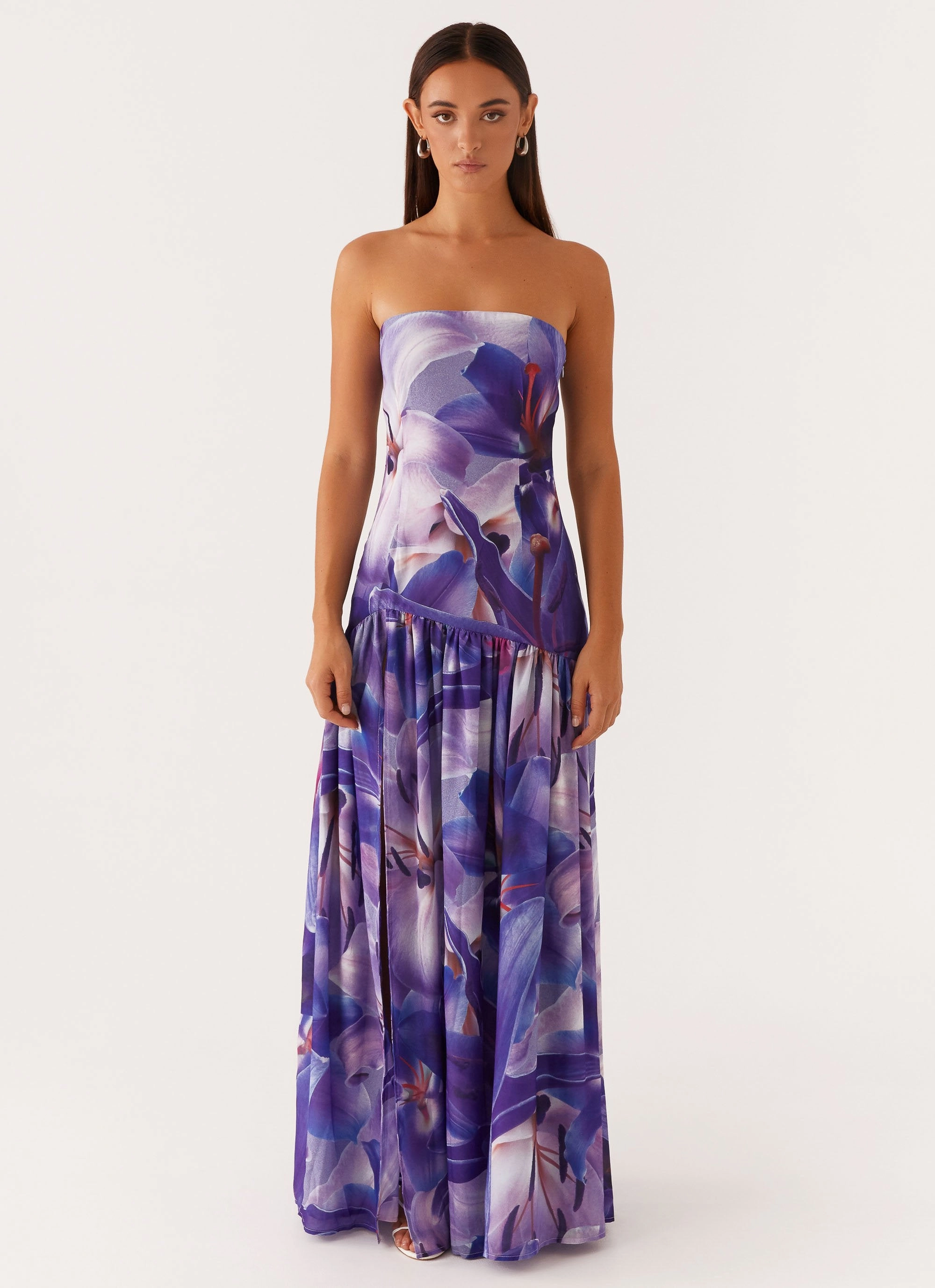 Flexible Cut Eden Strapless Maxi Dress - Purple White Lilly