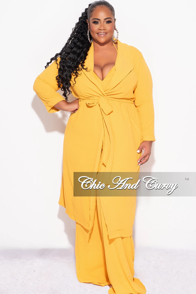 Final Sale Plus Size 3pc (Duster, Crop Self Tie Top & Pants) Set in Mustard Durable Fit