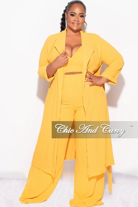 Final Sale Plus Size 3pc (Duster, Crop Self Tie Top & Pants) Set in Mustard Day To Night Stay Active