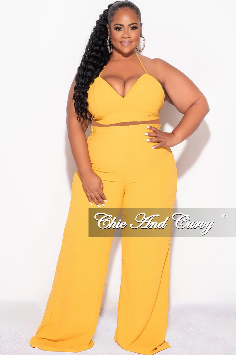 Final Sale Plus Size 3pc (Duster, Crop Self Tie Top & Pants) Set in Mustard Eco Friendly Dye SmoothZipper