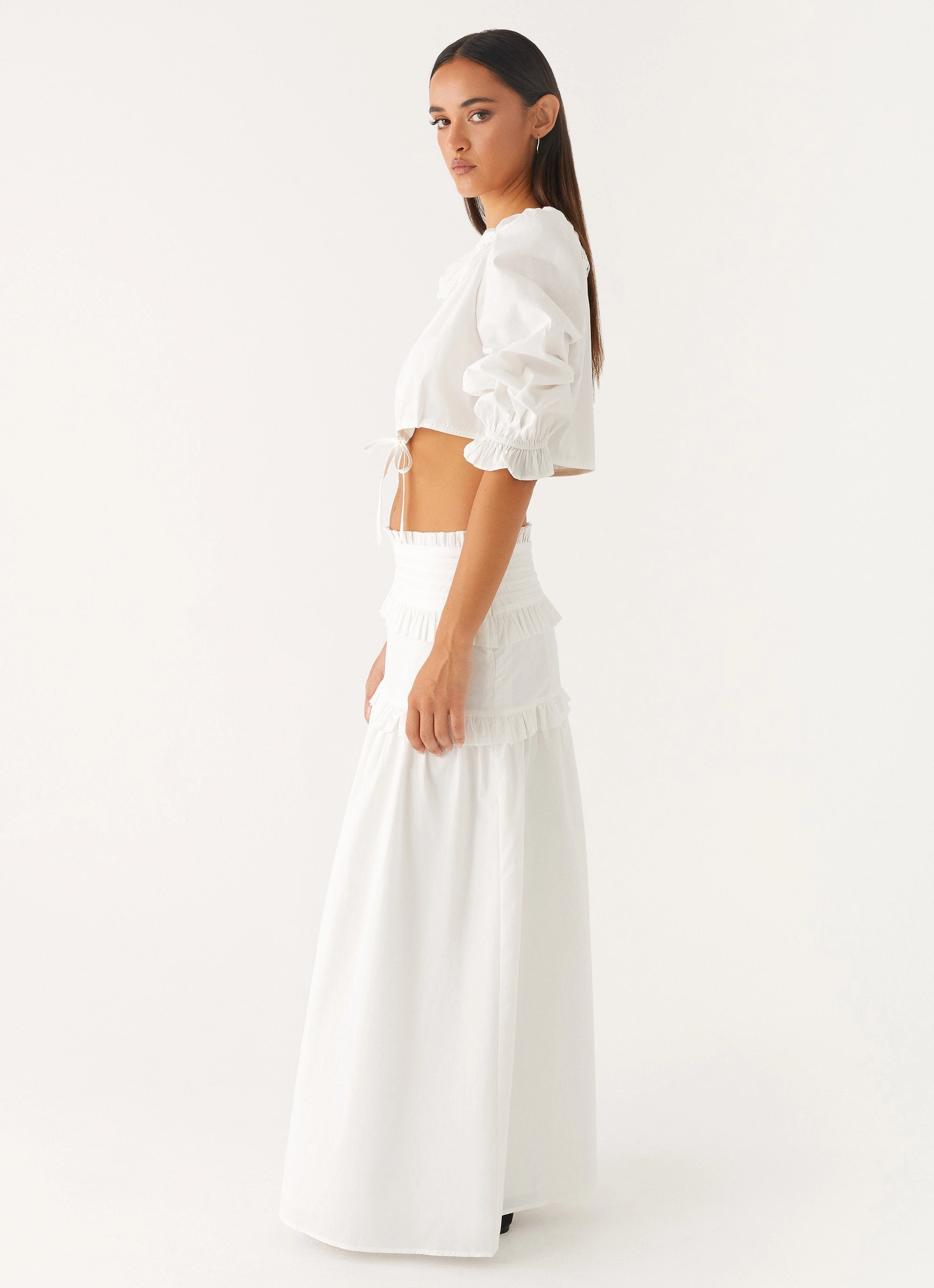 Effortless Tiered Maxi Skirt - White HiddenPockets Quilted Stitching Pattern