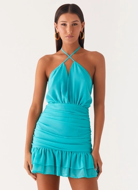 Flattering Shape Egoist Crossover Mini Dress - Aqua Blue