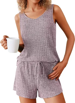 Ekouaer Women's Pajamas Sleeveless V Neck Pjs Set Ribbed Knit Summer Loungewear Sleepwear S-XXL