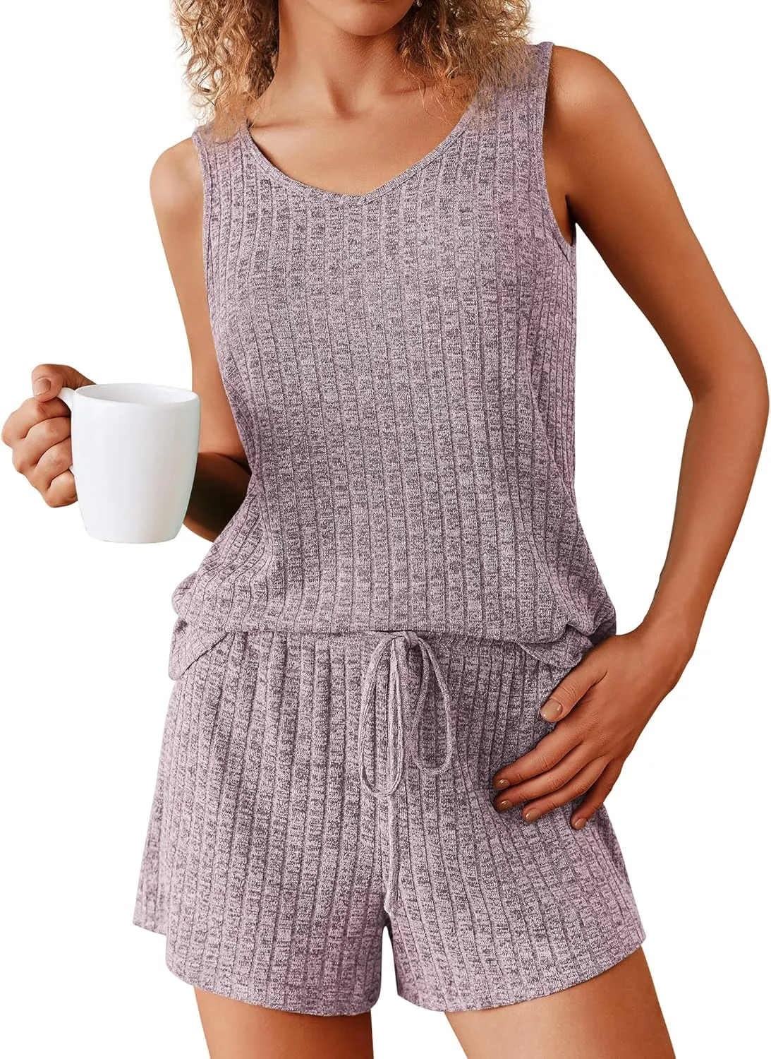 Ekouaer Women's Pajamas Sleeveless V Neck Pjs Set Ribbed Knit Summer Loungewear Sleepwear S-XXL