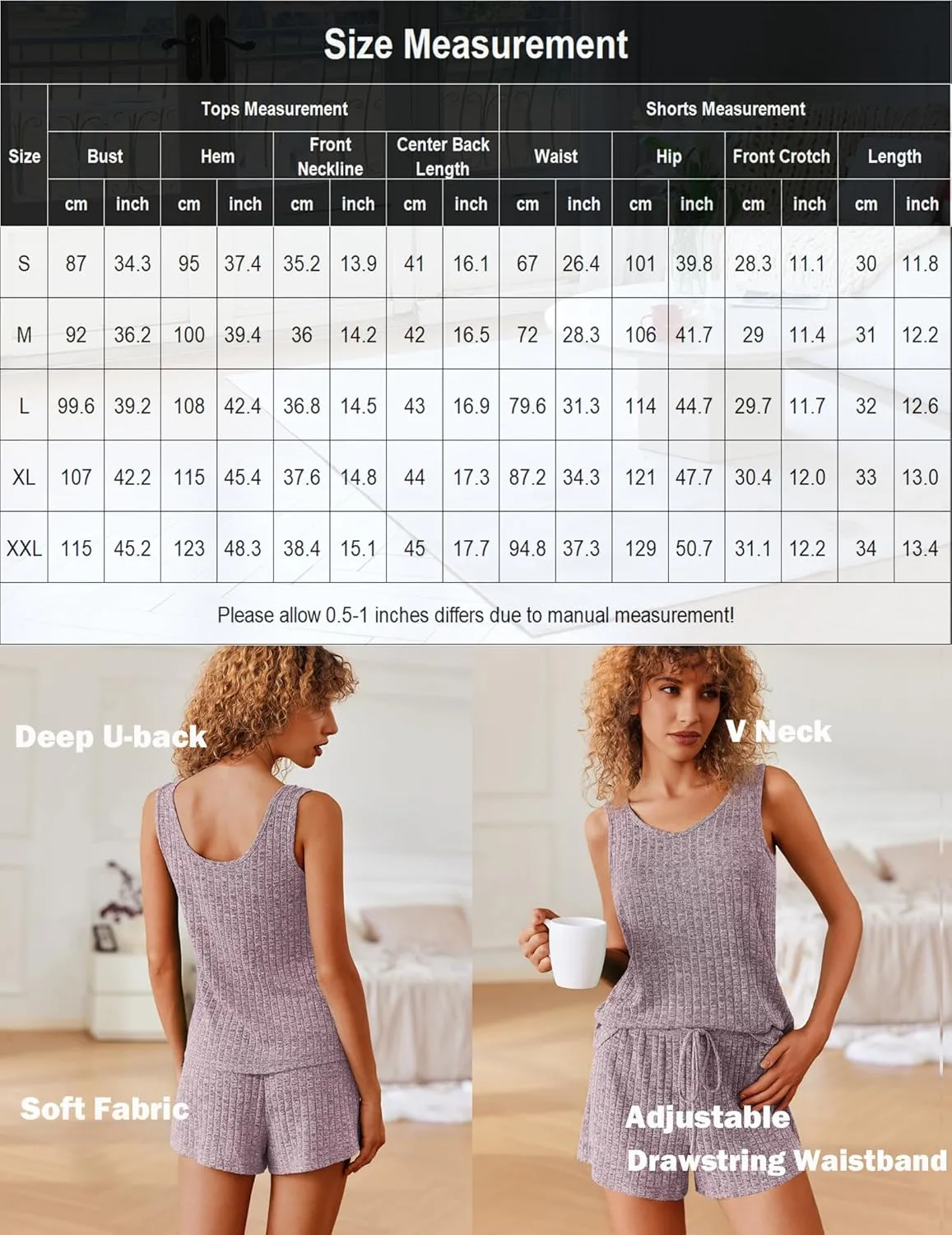 Ekouaer Women's Pajamas Sleeveless V Neck Pjs Set Ribbed Knit Summer Loungewear Sleepwear S-XXL