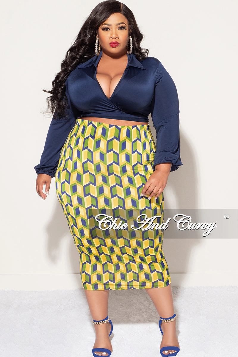 NoBuckleDesign Final Sale Plus Size 2pc Long Sleeve Faux Wrap Collar Navy Crop Tie Top and Skirt Set in Yellow Multi Color Print