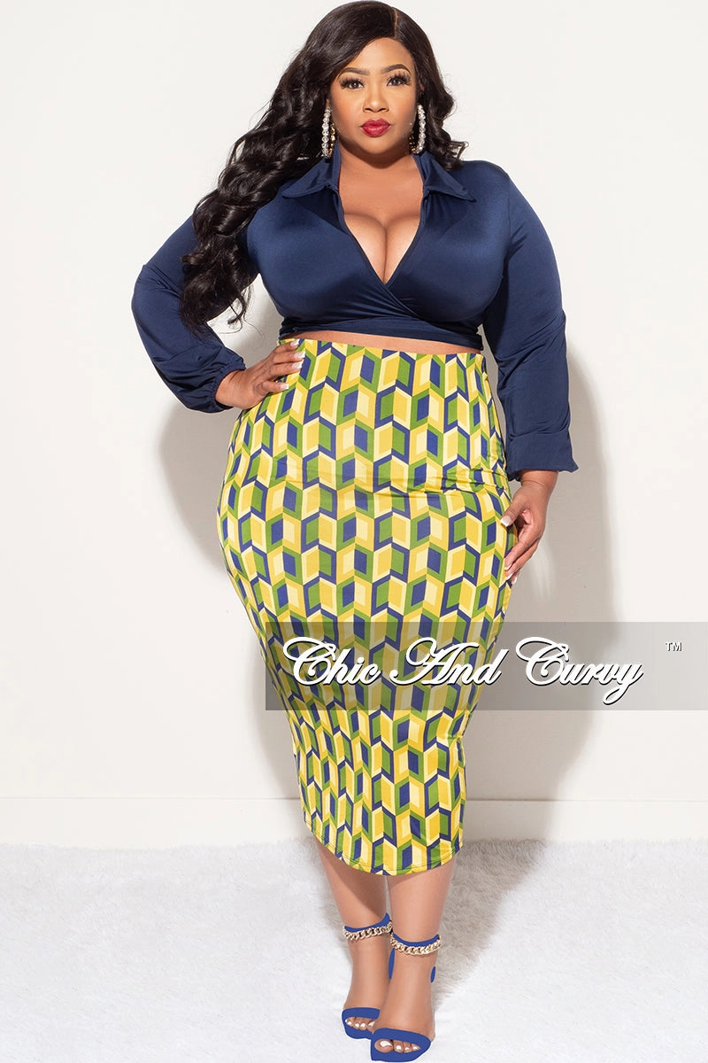 Stain Resistant Weave Casual Comfort Look Final Sale Plus Size 2pc Long Sleeve Faux Wrap Collar Navy Crop Tie Top and Skirt Set in Yellow Multi Color Print