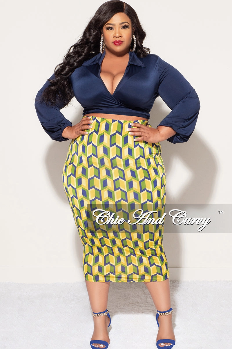 Stylish Look Final Sale Plus Size 2pc Long Sleeve Faux Wrap Collar Navy Crop Tie Top and Skirt Set in Yellow Multi Color Print