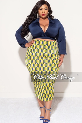 Stain Resistant Weave Casual Comfort Look Final Sale Plus Size 2pc Long Sleeve Faux Wrap Collar Navy Crop Tie Top and Skirt Set in Yellow Multi Color Print