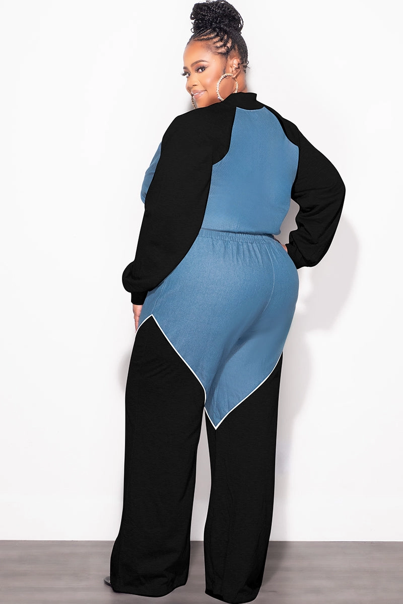 Final Sale Plus Size 2pc Colorblock Zip Up Top and Pants Set in Denim Black White Flexible Cut