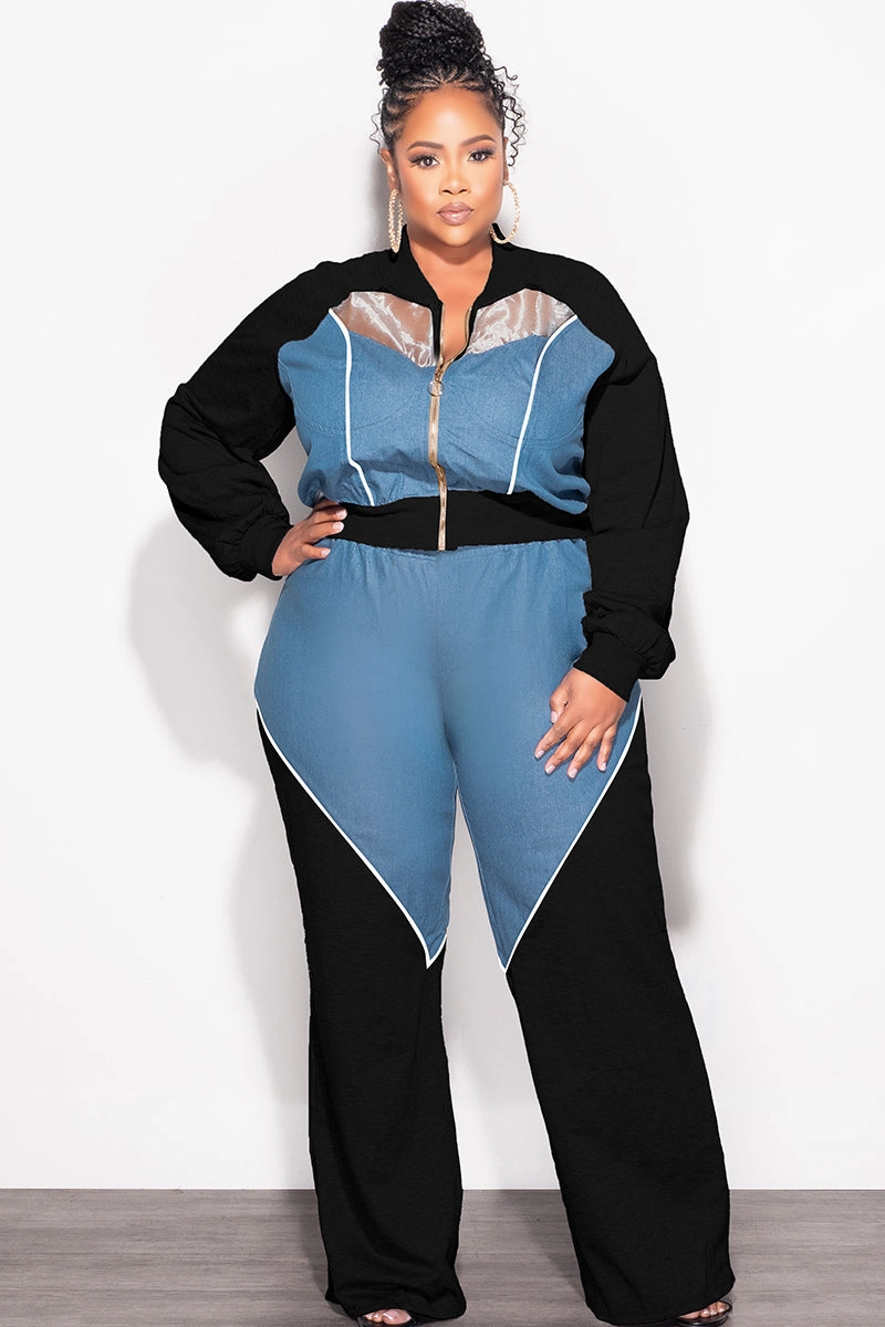 Chic casual Flexibility Fit Final Sale Plus Size 2pc Colorblock Zip Up Top and Pants Set in Denim Black White
