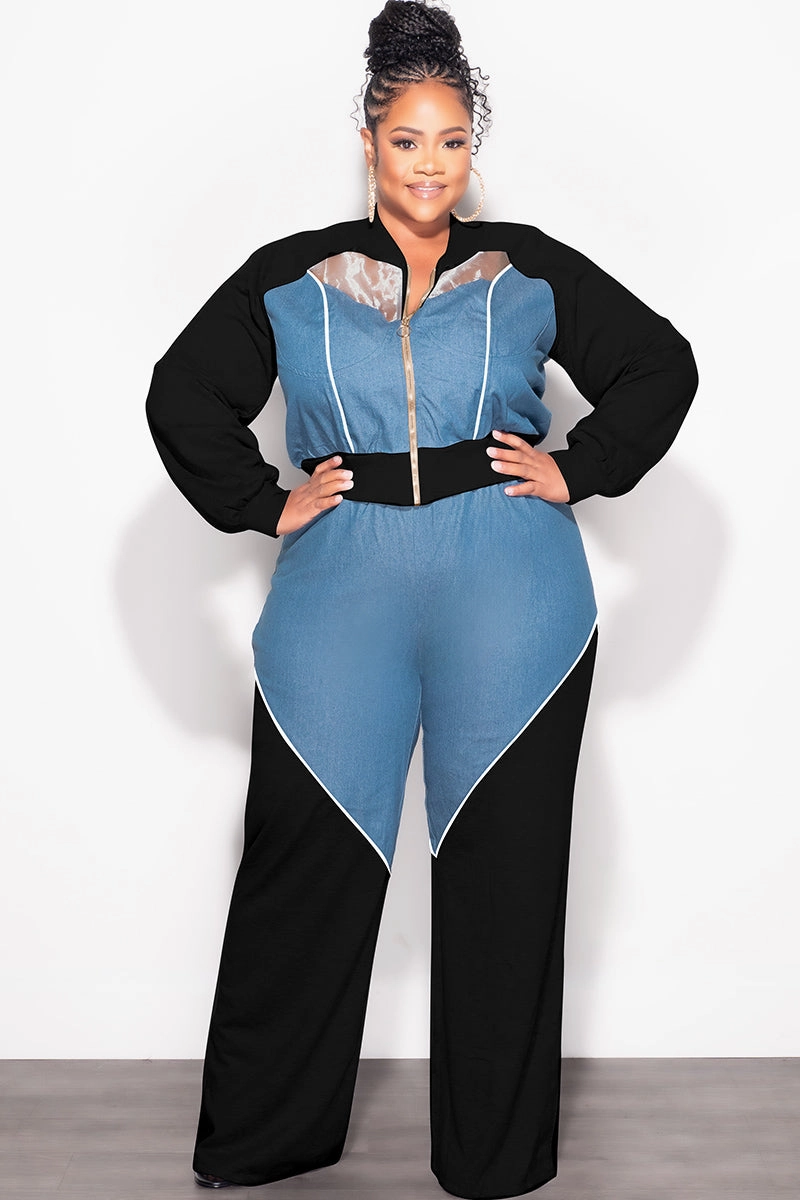 Stretch Movement Quick Flex Final Sale Plus Size 2pc Colorblock Zip Up Top and Pants Set in Denim Black White