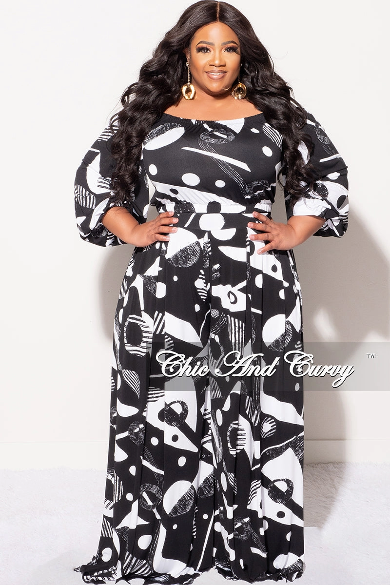 Comfy Shape Cozy Design Final Sale Plus Size 2pc Puffy Sleeve Crop Top and Palazzo Pants Set in Black and White