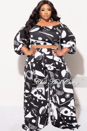 Street Inspired Final Sale Plus Size 2pc Puffy Sleeve Crop Top and Palazzo Pants Set in Black and White